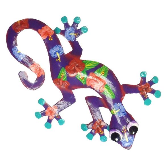Tropical Hibiscus Purple Gecko Lizard Haitian Metal Art Medium - Picture 3 of 6